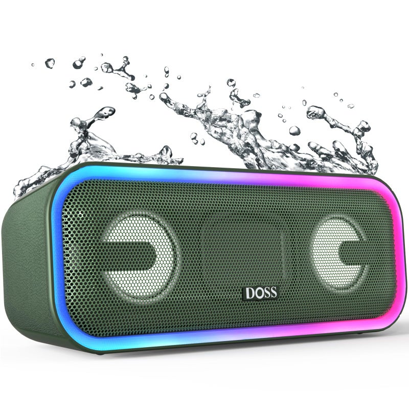 DOSS SoundBox Pro+ Bluetooth Speaker, Immersive 24W Stereo Sound with Booming Bass, IPX6 Waterproof, 15H Playtime, Mixed Colors Lights, Wireless for Backyard, Hiking, Garage, Party-Green - Image 1